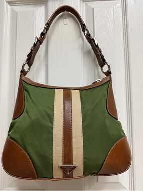 Prada Olive Green Canvas Shoulder Bag with Brown Leather Trim